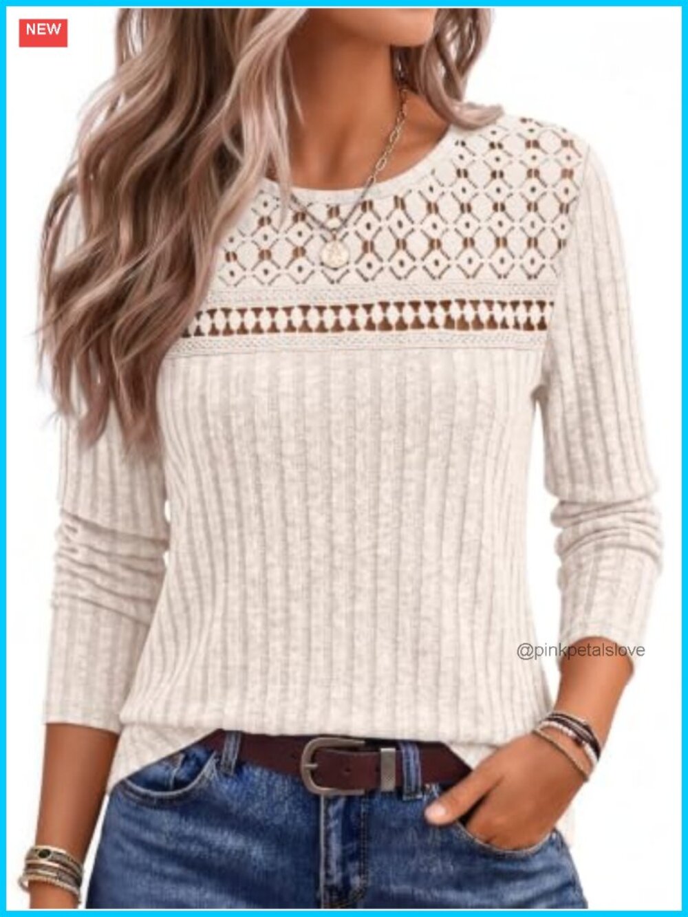 Lace Long Sleeve Blouse Lightweight Ribbed Knit Pullover Business Casual